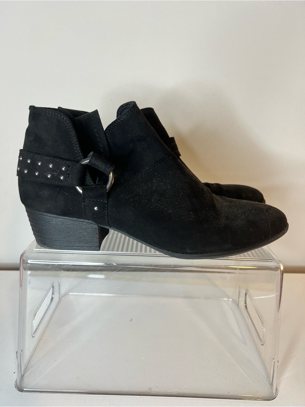 SO Black Suede Ankle Booties with Studded Strap